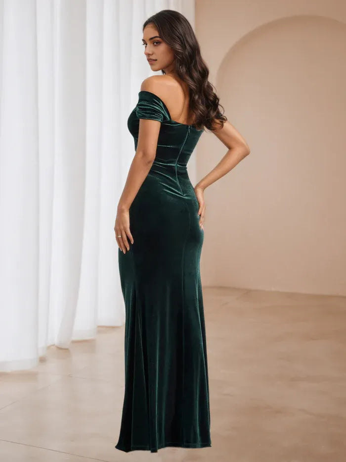 Glamorous Emerald Velvet Off - Shoulder Dress Bow Accented Sleeves High Side Slit for Prom