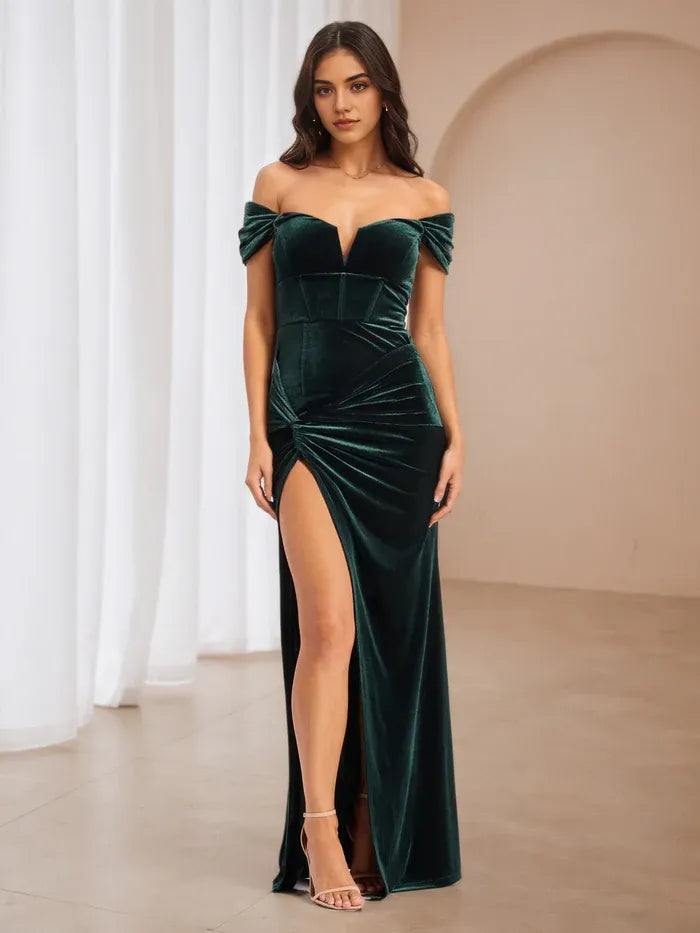 Glamorous Emerald Velvet Off - Shoulder Dress Bow Accented Sleeves High Side Slit for Prom