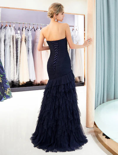 Glamorous Evening Dresses Luxury Dark Navy Strapless Sweetheart Tiered evening dress ?
