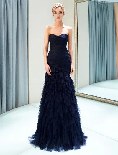 Glamorous Evening Dresses Luxury Dark Navy Strapless Sweetheart Tiered evening dress ?