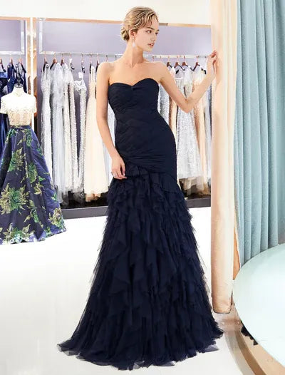 Glamorous Evening Dresses Luxury Dark Navy Strapless Sweetheart Tiered evening dress ?