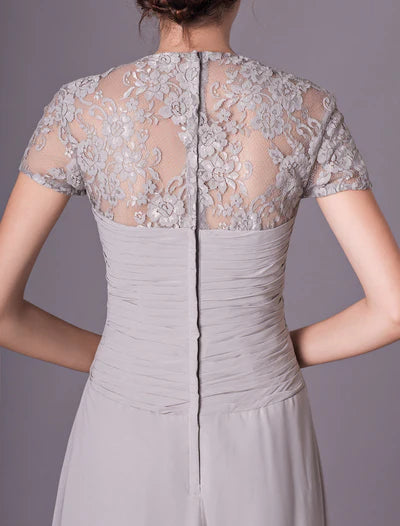 Glamorous Evening Dresses Silver Lace Short Sleeve Formal Gowns Chiffon Pleated Floor Length Mother Of Bride Dress