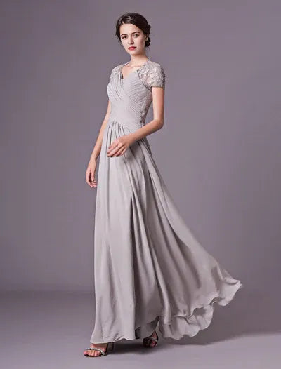 Glamorous Evening Dresses Silver Lace Short Sleeve Formal Gowns Chiffon Pleated Floor Length Mother Of Bride Dress