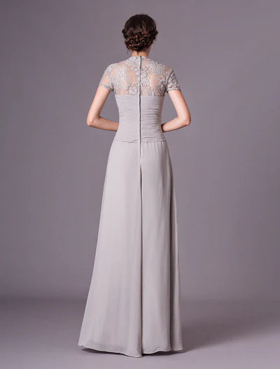 Glamorous Evening Dresses Silver Lace Short Sleeve Formal Gowns Chiffon Pleated Floor Length Mother Of Bride Dress