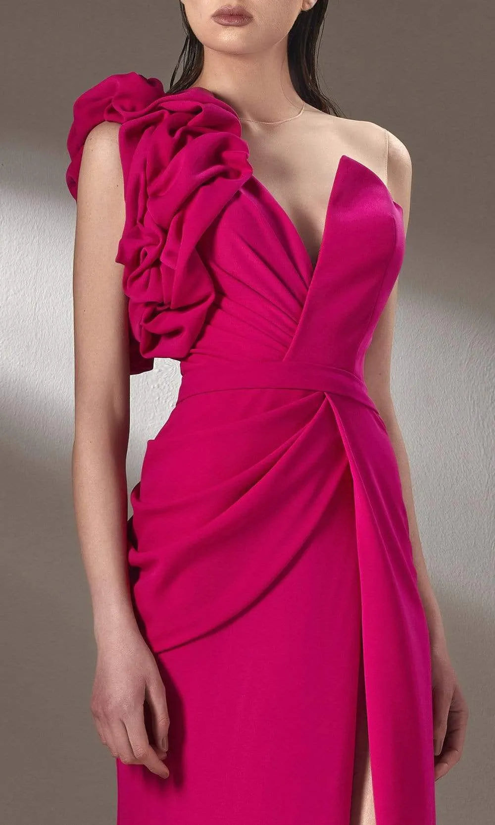 Glamorous Fuchsia One  Shoulder Evening Dress with Ruffled Detail Draped Bodice and High Side Slit