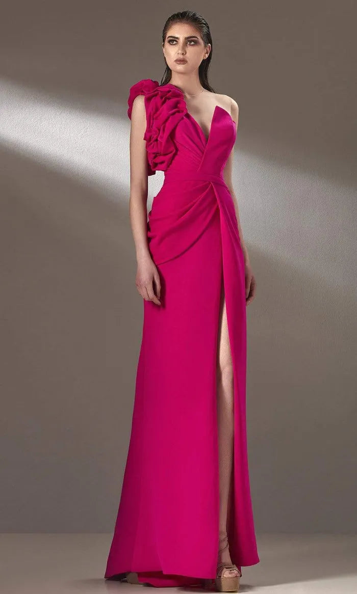 Glamorous Fuchsia One  Shoulder Evening Dress with Ruffled Detail Draped Bodice and High Side Slit