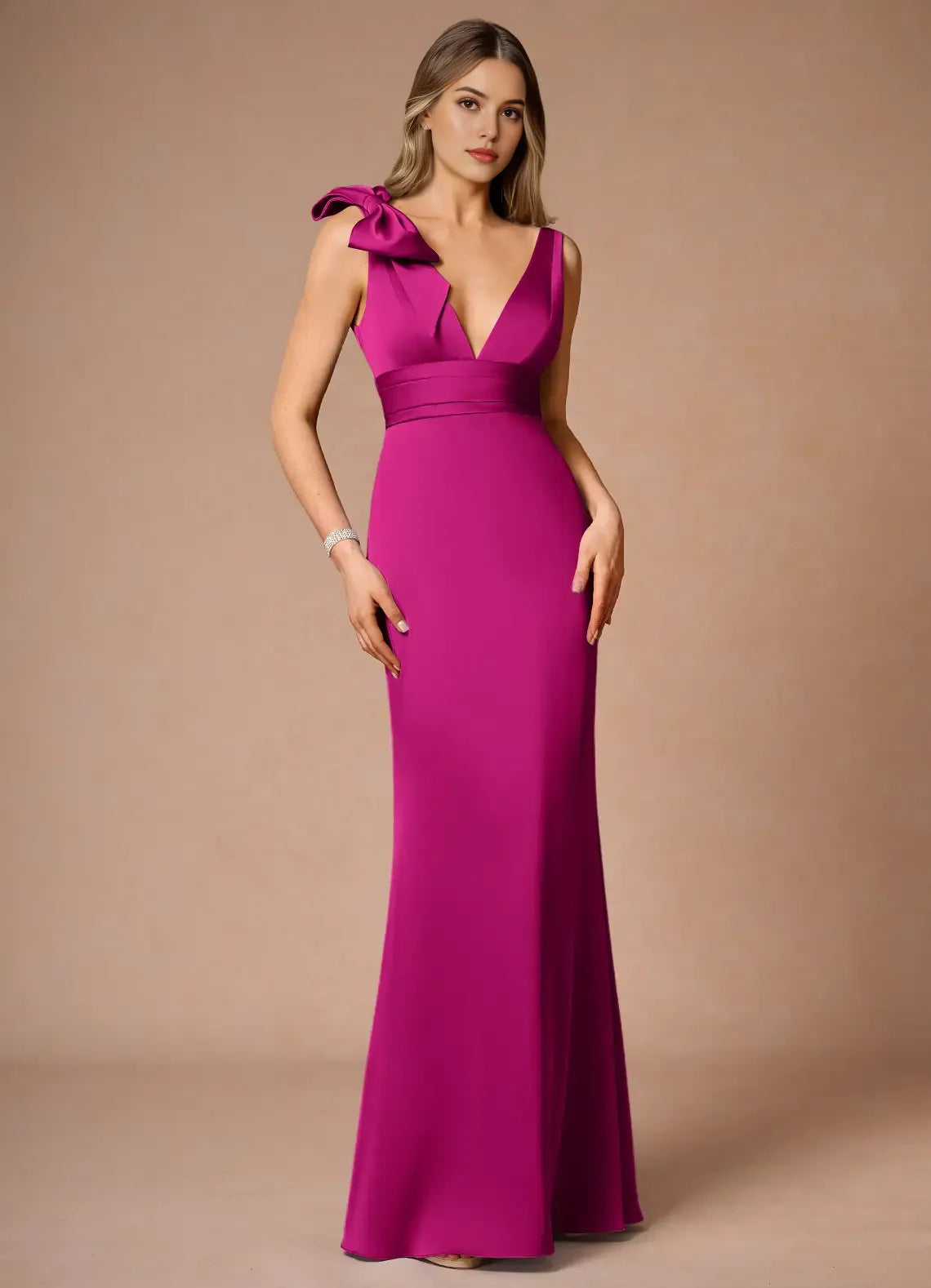 Glamorous Fuchsia Prom Gown with Plunging V - Neck One - Shoulder Bow Detail and Slim - Fitting Skirt for Memorable Events