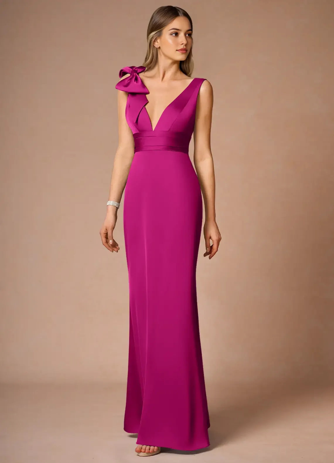 Glamorous Fuchsia Prom Gown with Plunging V - Neck One - Shoulder Bow Detail and Slim - Fitting Skirt for Memorable Events