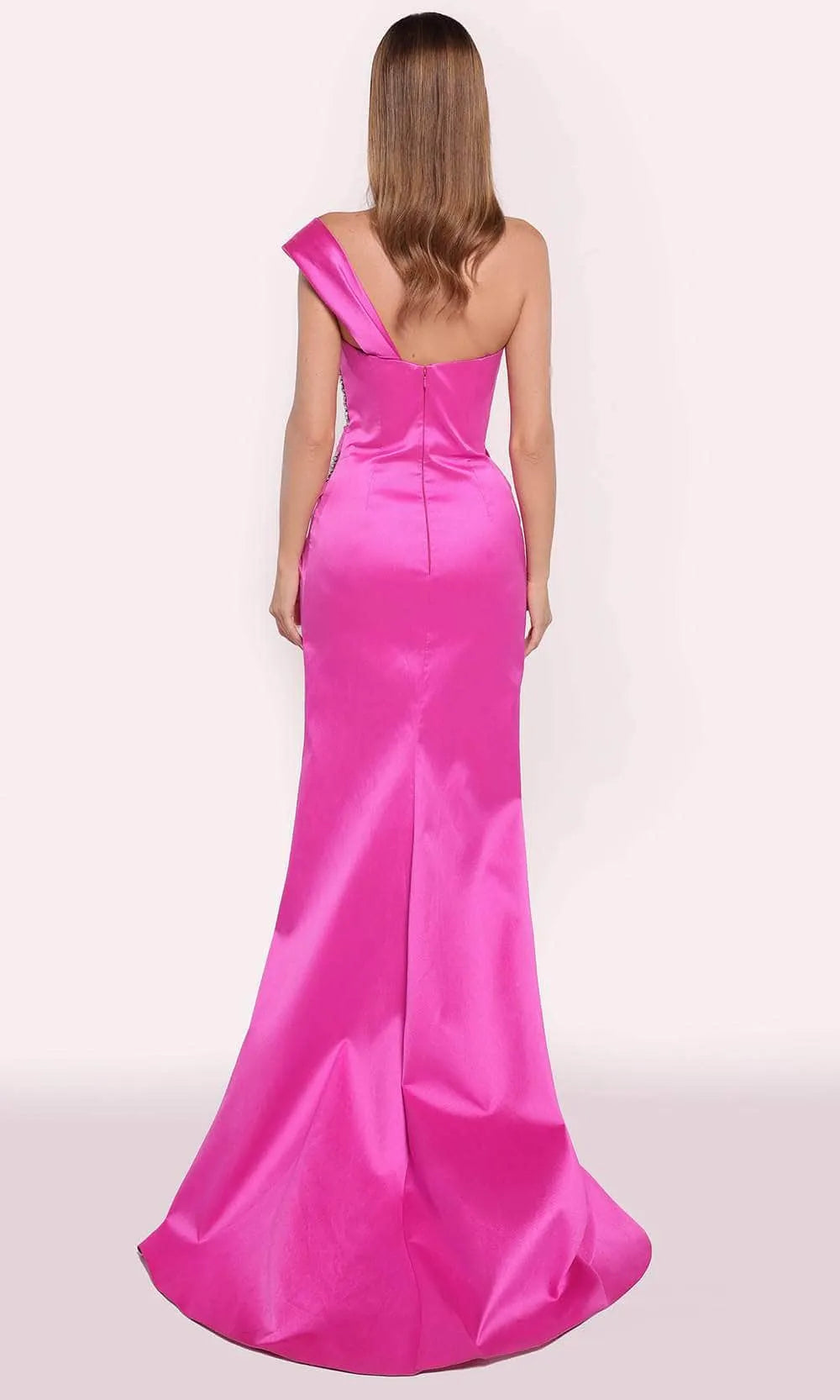 Glamorous Fuchsia Satin One - Shoulder Evening Dresses with Draped Bodice Crystal Embellishments and High Side Slit  A Showstopper for Red Carpet Events Formal Galas and Luxury