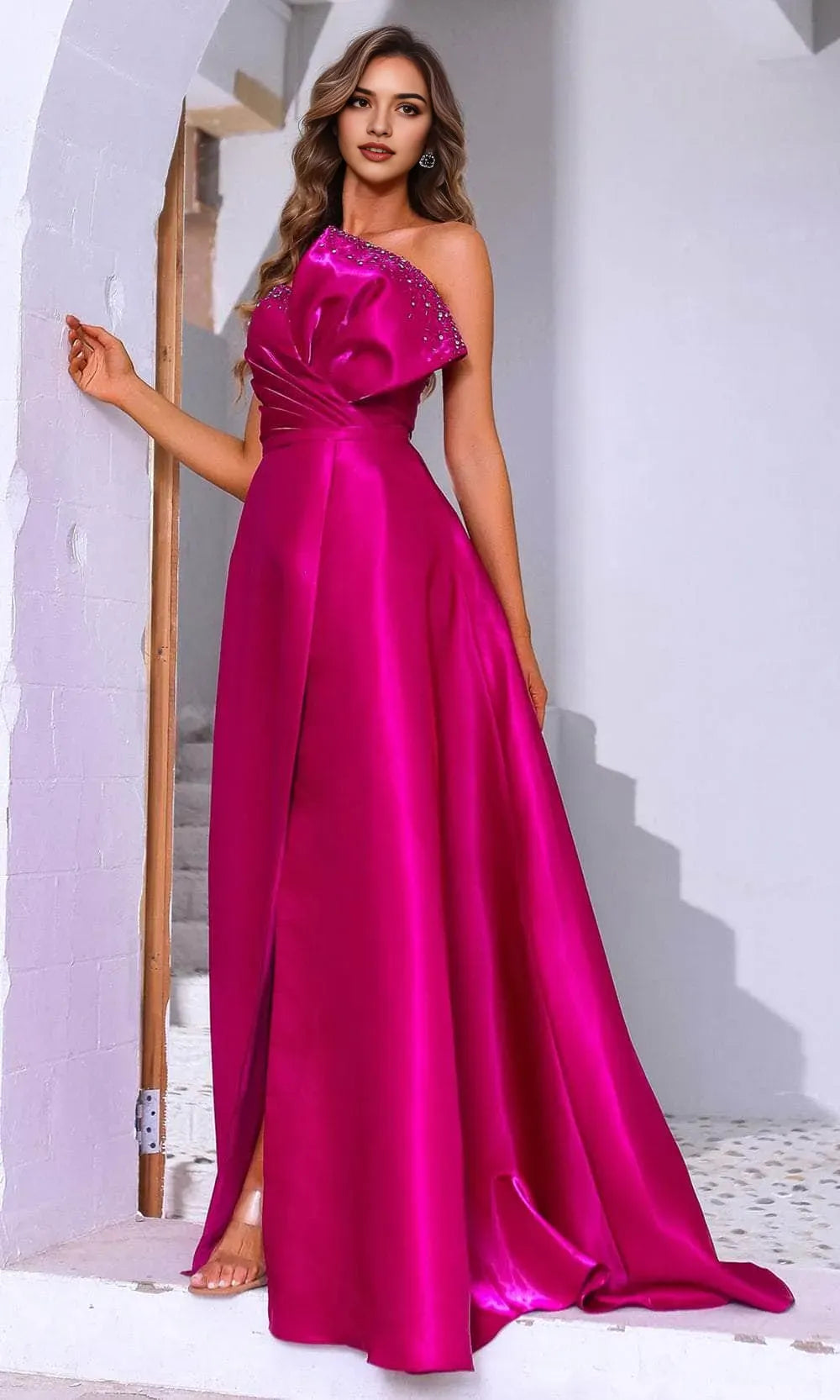 Glamorous Fuchsia Satin One Shoulder Prom Dress with Rhinestone Embellished Bow and High Slit
