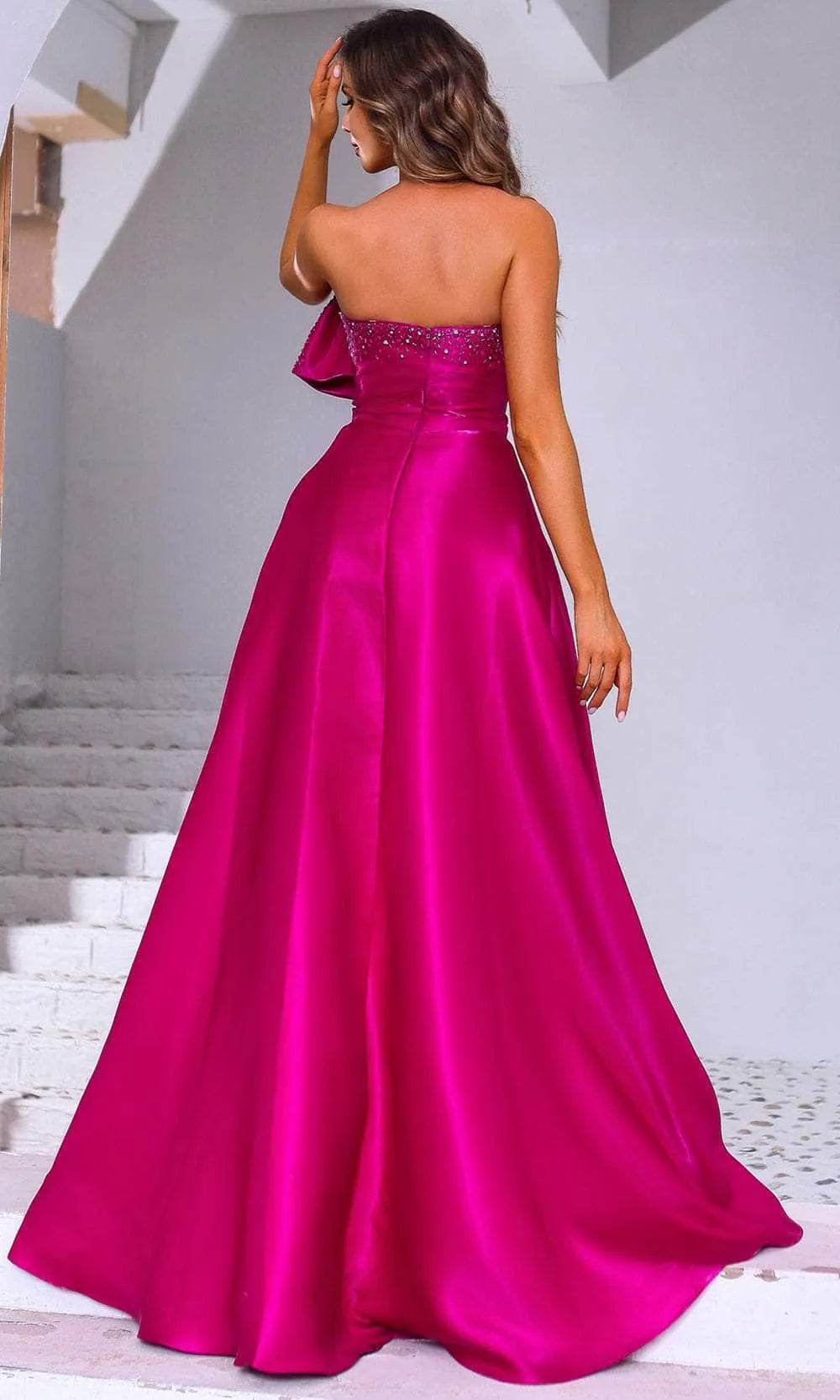 Glamorous Fuchsia Satin One Shoulder Prom Dress with Rhinestone Embellished Bow and High Slit