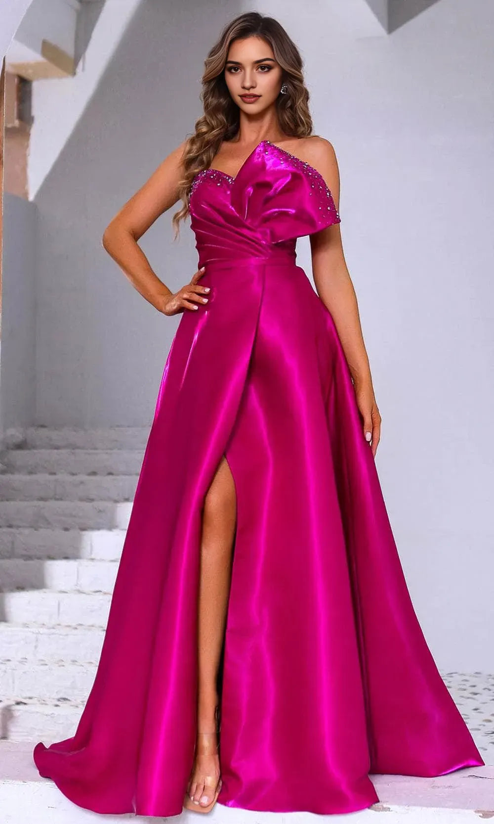 Glamorous Fuchsia Satin One Shoulder Prom Dress with Rhinestone Embellished Bow and High Slit