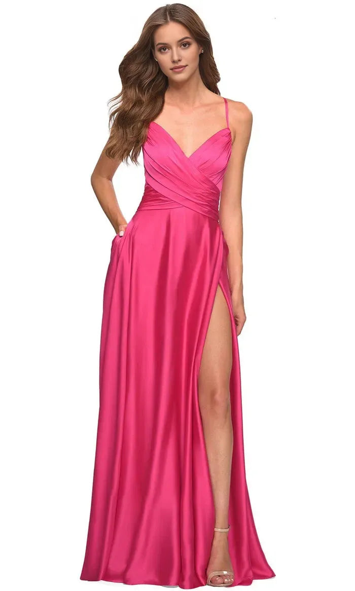 Glamorous Fuchsia Satin Prom Gown with Cross Draped Bodice Side Slit and Ideal for Formal Occasions