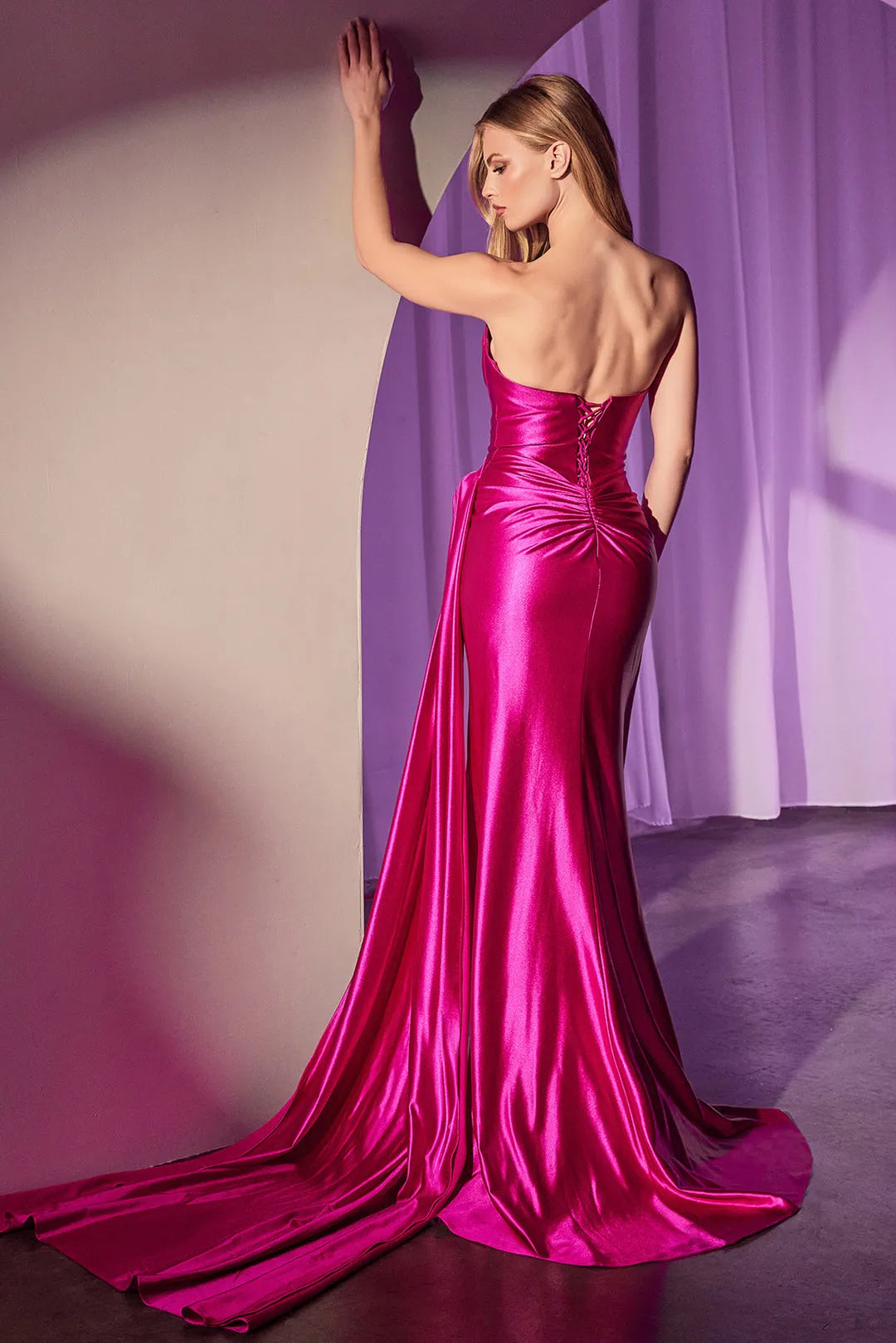 Glamorous Fuchsia Satin Strapless Prom Dress with Draped Bodice Structured Corset and High Side Slit for Formal Events