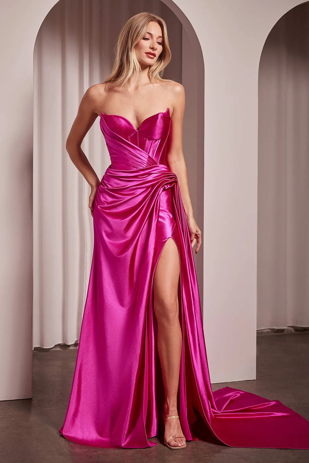 Glamorous Fuchsia Satin Strapless Prom Dress with Draped Bodice Structured Corset and High Side Slit for Formal Events