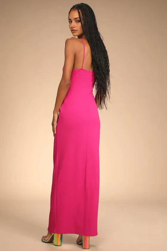 Glamorous Fuchsia Spaghetti Strap Wrap Front Prom Dresses with Side Slit  Perfect for Proms Balls and Formal Occasions
