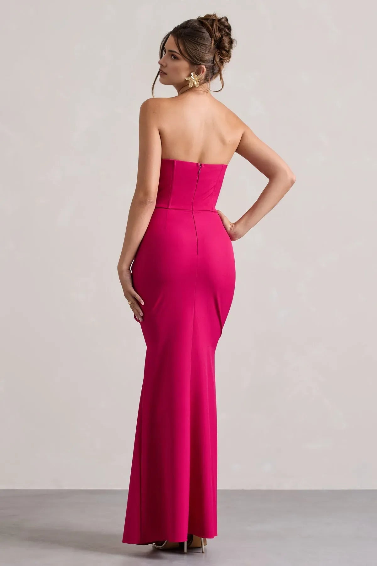 Glamorous Fuchsia Strapless Prom Dresses Sweetheart Neck Draped Side High Slit for Enchanting Balls