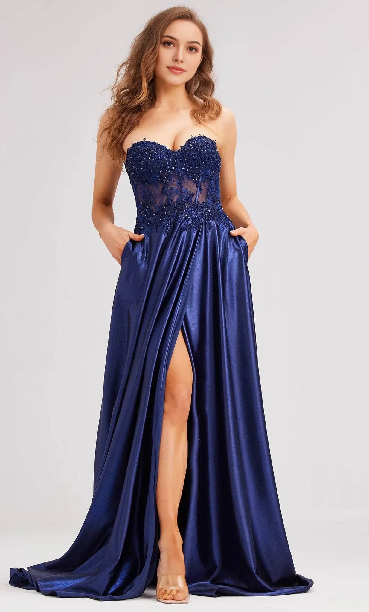Glamorous Fuchsia Strapless Satin Evening Dresses with Lace Embellished Bodice Side Slit and Pockets Perfect for Proms Galas and Formal Soir¨¦es