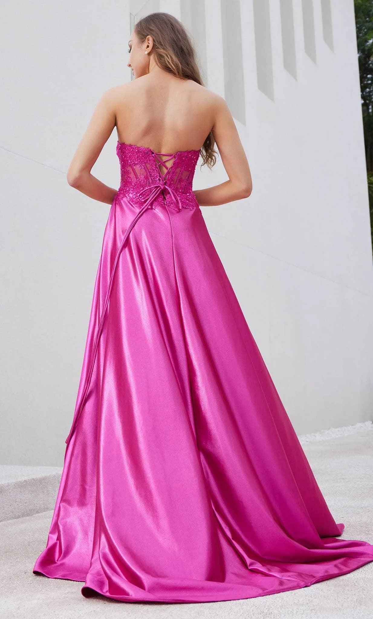 Glamorous Fuchsia Strapless Satin Evening Dresses with Lace Embellished Bodice Side Slit and Pockets Perfect for Proms Galas and Formal Soir¨¦es