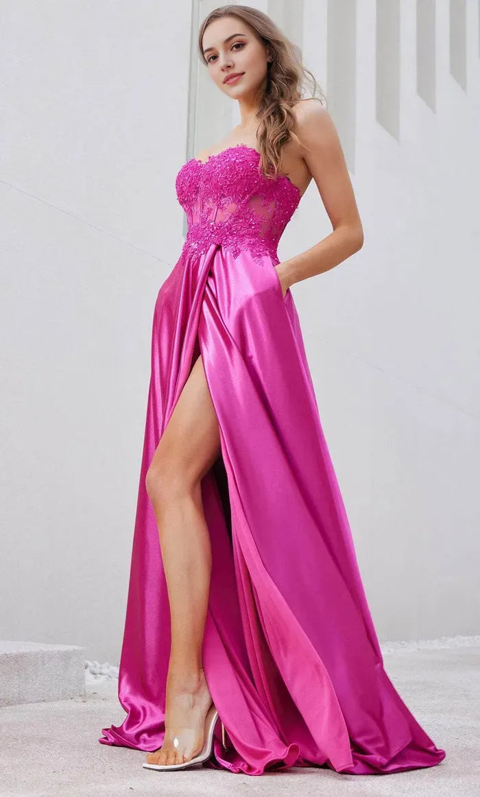 Glamorous Fuchsia Strapless Satin Evening Dresses with Lace Embellished Bodice Side Slit and Pockets Perfect for Proms Galas and Formal Soir¨¦es