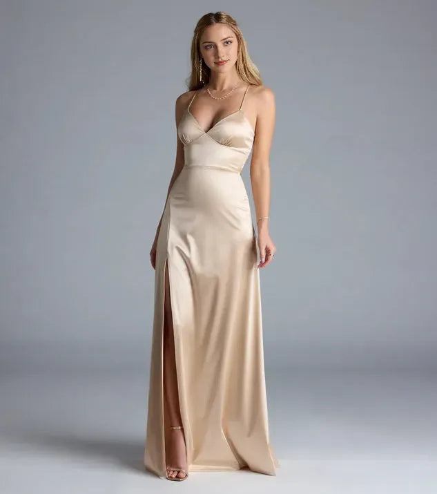 Glamorous Gold A-Line V-Neck Crisscross-Strap Lace-Up Floor-Length Satin Prom Dress High Side Slit