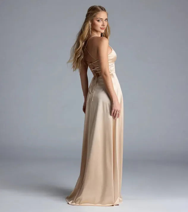 Glamorous Gold A-Line V-Neck Crisscross-Strap Lace-Up Floor-Length Satin Prom Dress High Side Slit