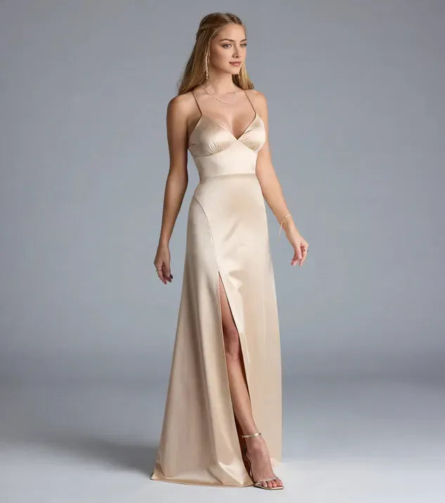 Glamorous Gold A-Line V-Neck Crisscross-Strap Lace-Up Floor-Length Satin Prom Dress High Side Slit