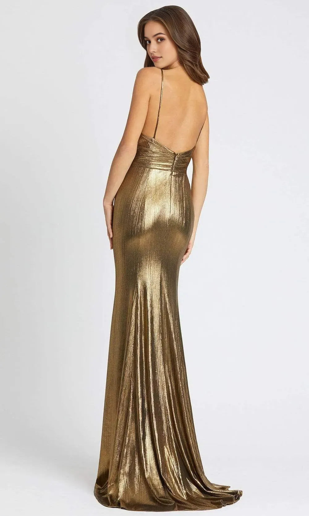 Glamorous Gold Metallic Knit Mermaid Prom Gown with Deep V Neck and Cross Wrap Bodice