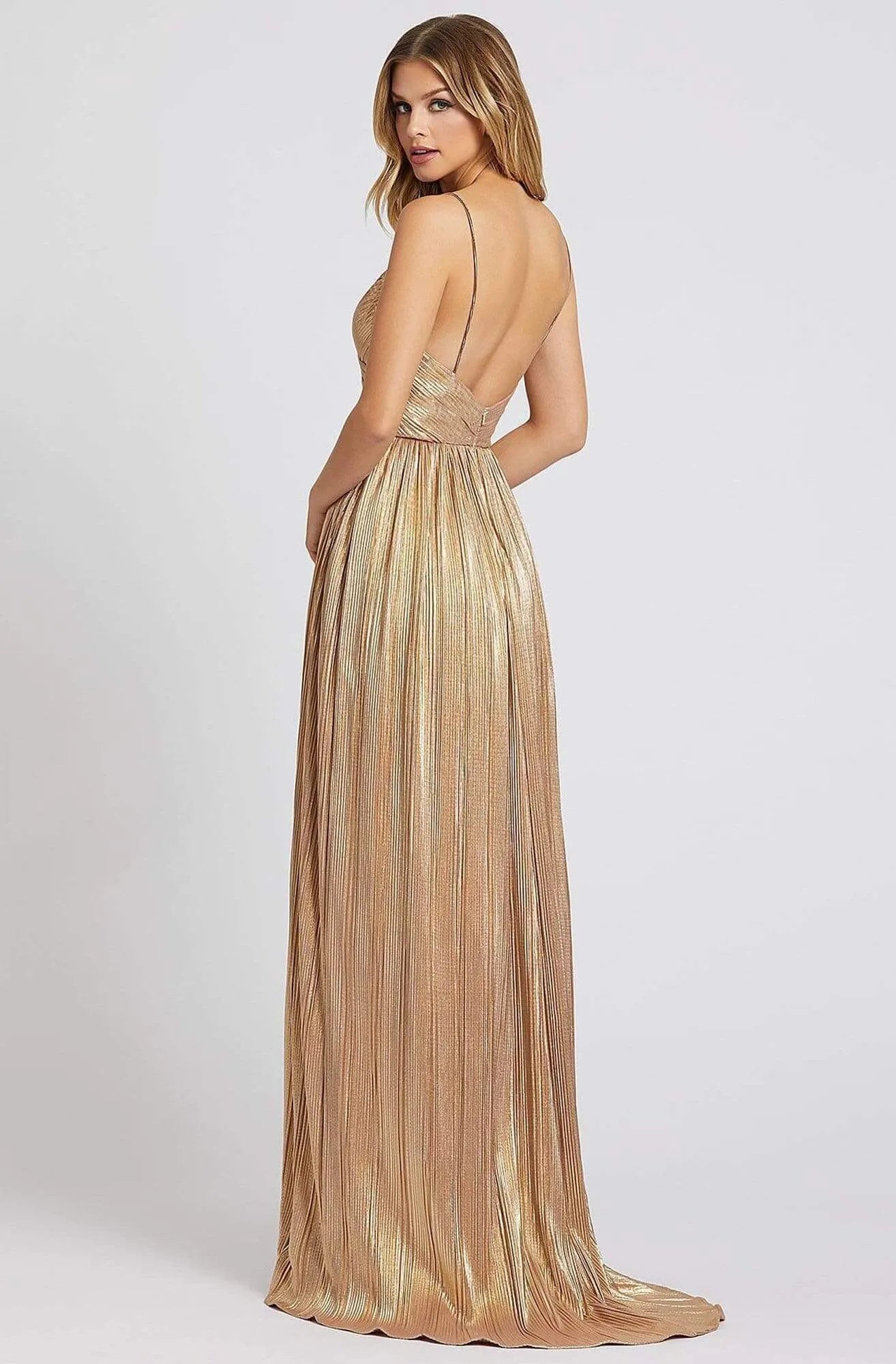 Glamorous Gold Toned Metallic Pleated Prom Dress with Spaghetti Straps and High Side Slit Ideal for Formal Balls Evening Galas and Sophisticated