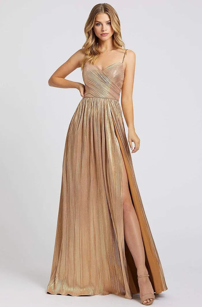 Glamorous Gold Toned Metallic Pleated Prom Dress with Spaghetti Straps and High Side Slit Ideal for Formal Balls Evening Galas and Sophisticated