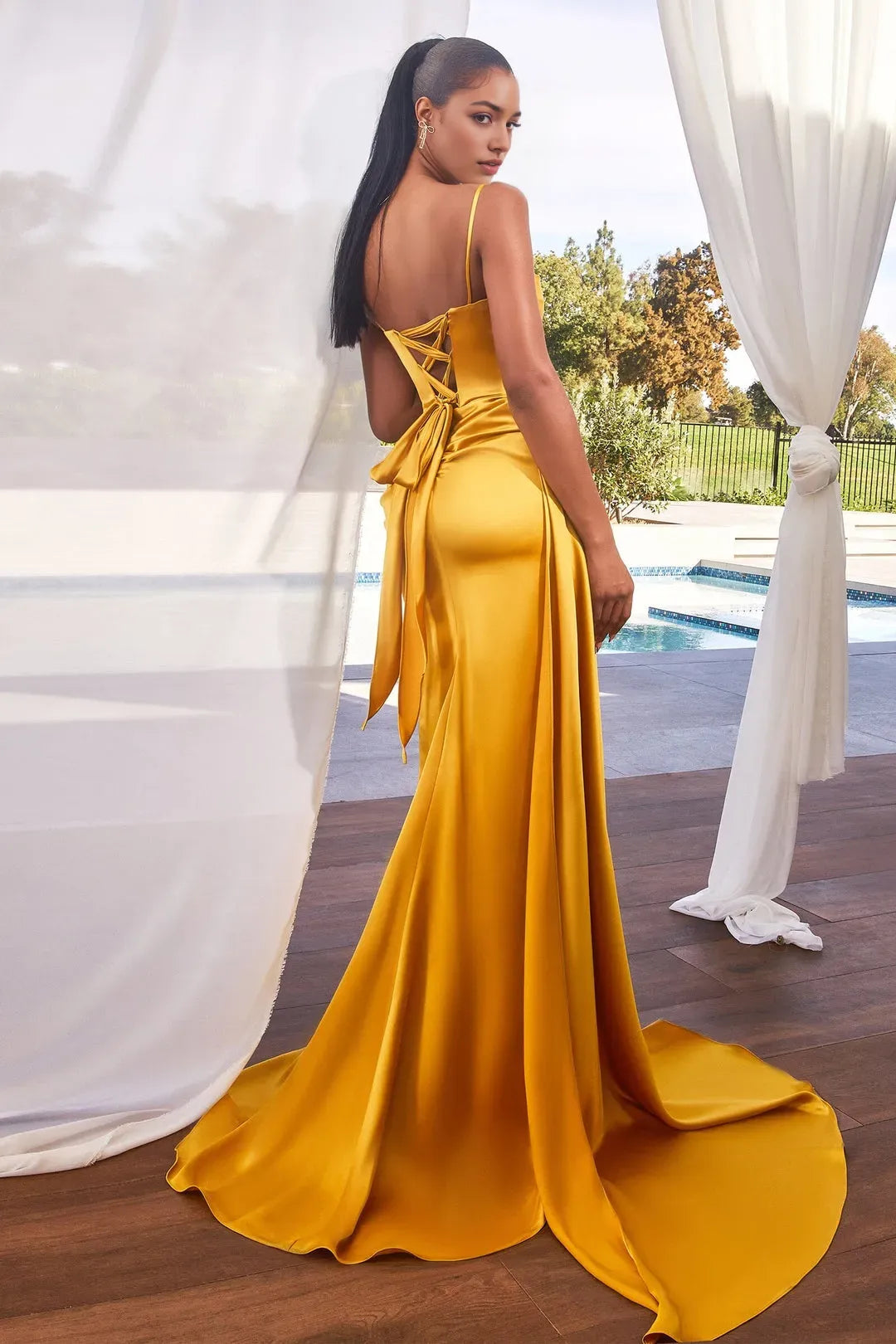 Glamorous Golden Satin Prom Dress with Beaded Neckline Draped Side Detail and High Slit for Luxurious Evening Events