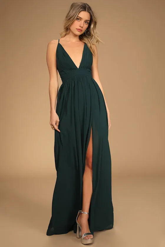 Glamorous Green Chiffon Evening Dresses with Plunging V - Neck Spaghetti Straps High Side Slit  Command Attention at Grand Galas