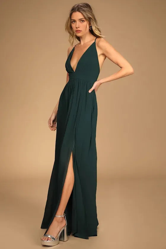 Glamorous Green Chiffon Evening Dresses with Plunging V - Neck Spaghetti Straps High Side Slit  Command Attention at Grand Galas