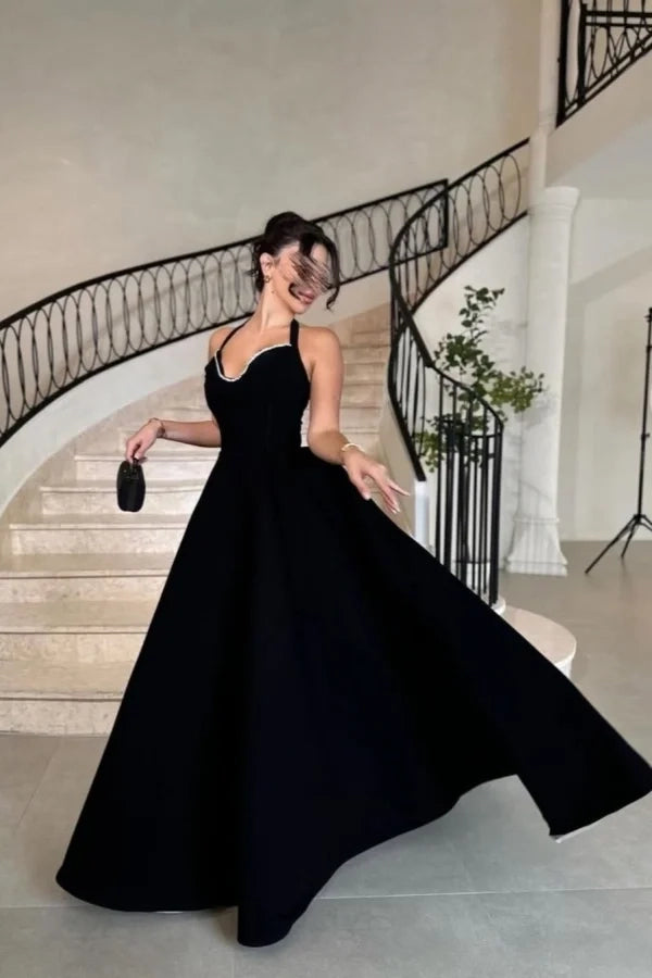 Glamorous Halter Sleeveless Beaded Black Floor-Length Party Dress