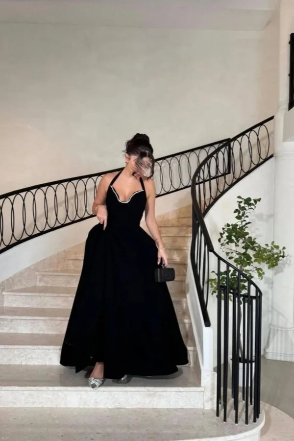 Glamorous Halter Sleeveless Beaded Black Floor-Length Party Dress