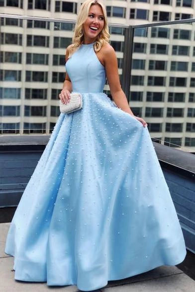 Glamorous Halter Sleeveless Beaded Sky Blue Floor-Length Prom Dress