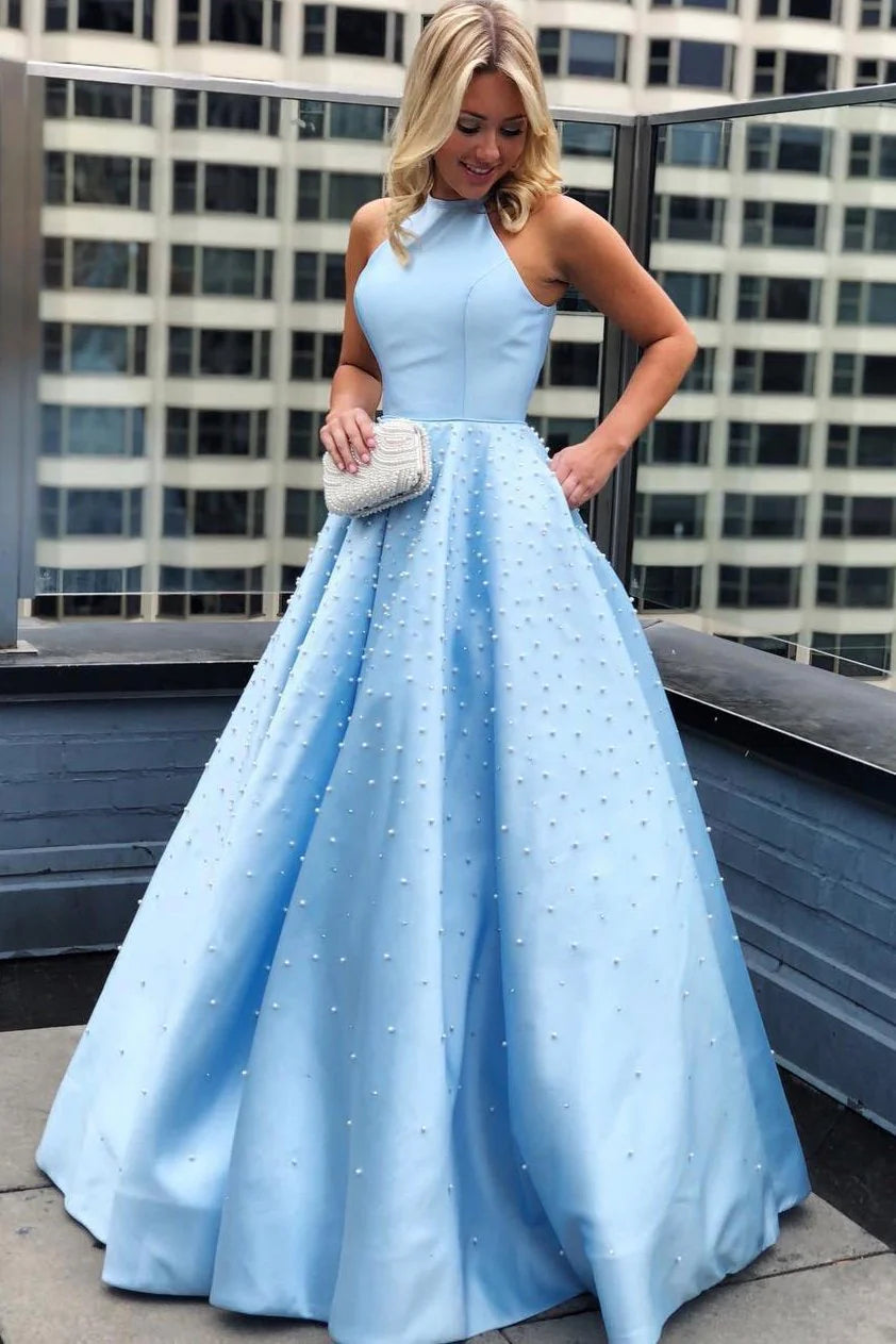 Glamorous Halter Sleeveless Beaded Sky Blue Floor-Length Prom Dress
