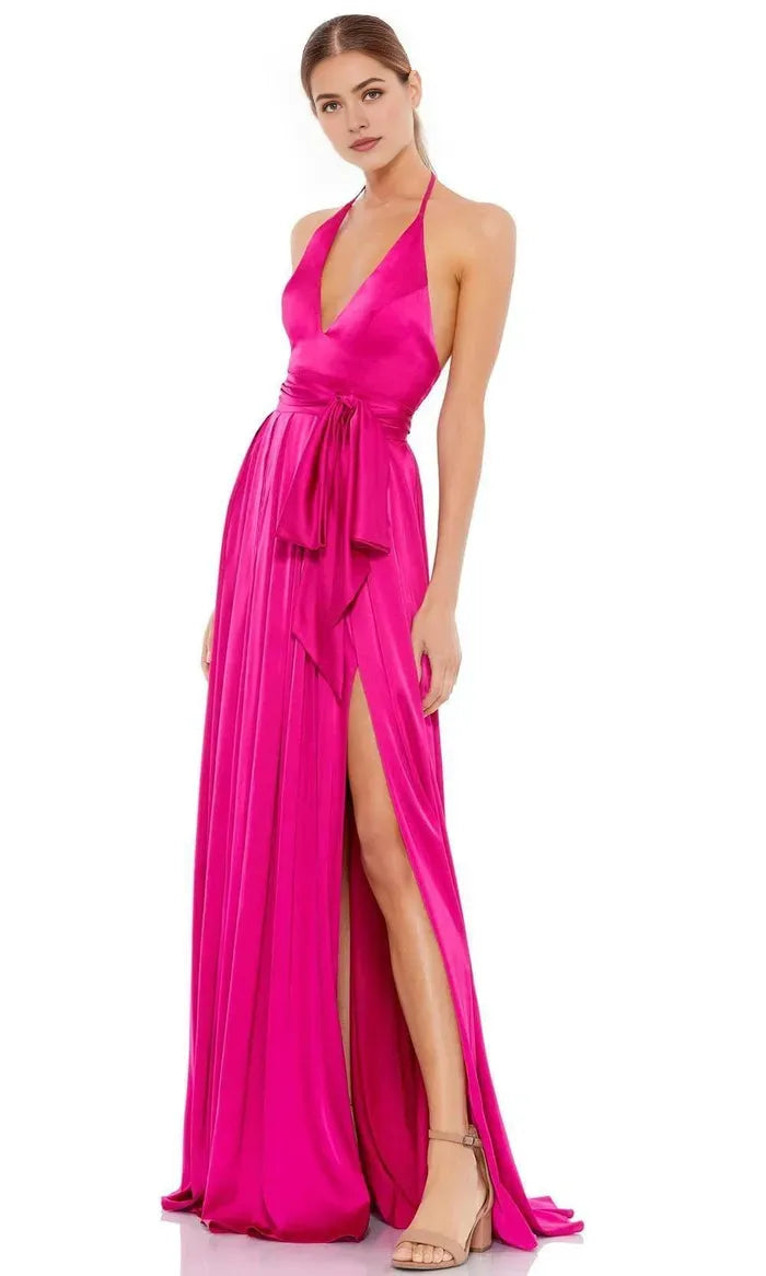 Glamorous Hot Pink Halter Neck Prom Dress with Deep V Neck Waist Tie High Side Slit deal for Formal Evening Occasions