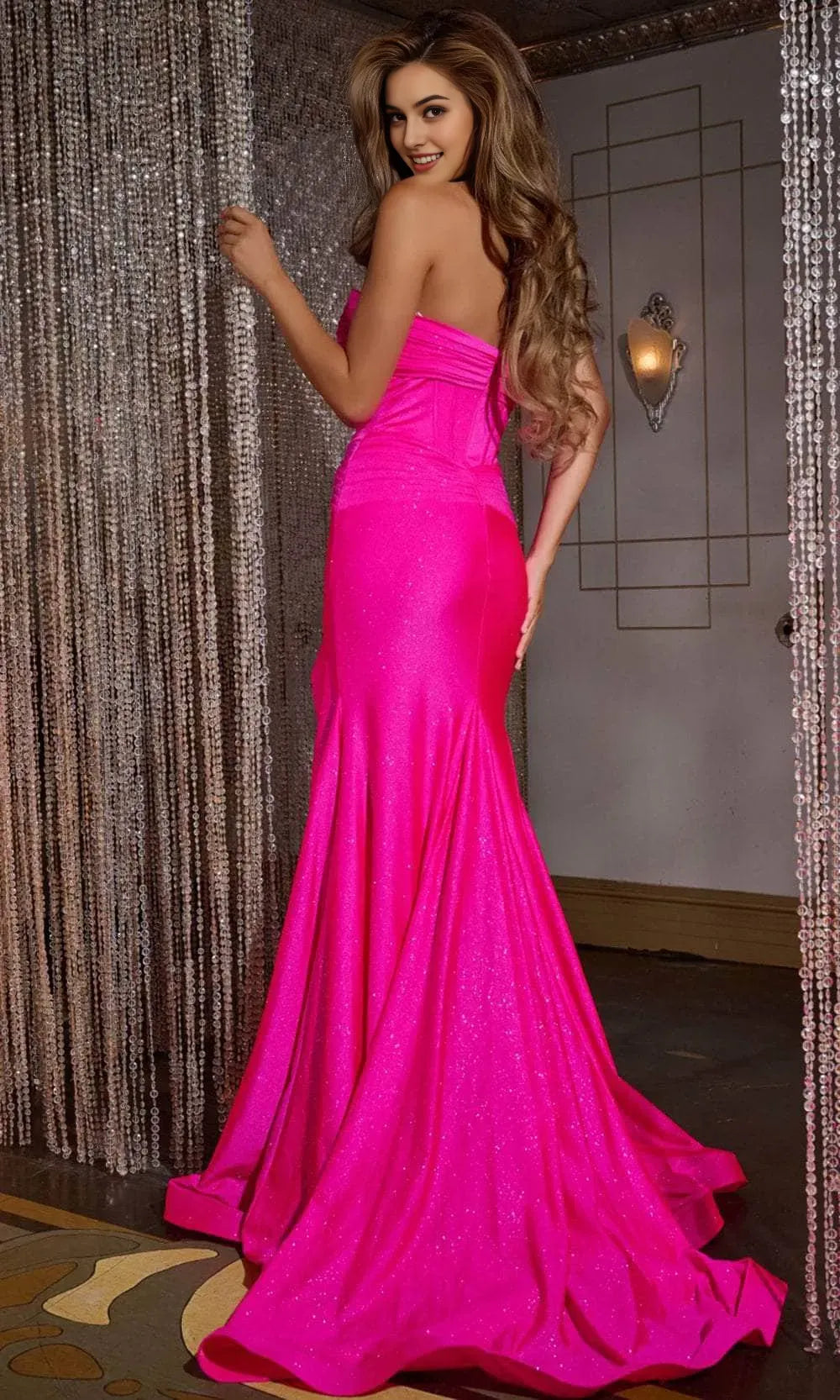 Glamorous Hot Pink Shimmering Tulle Prom Dresses with Strapless Twisted Neckline Cut Out Detail, and High Side Slit for Formal Occasions