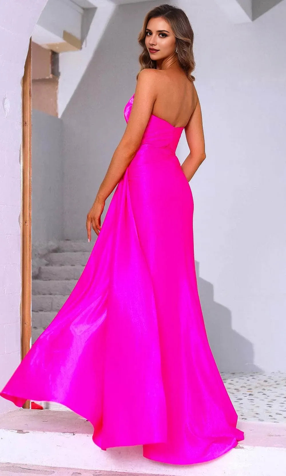 Glamorous Hot Pink Strapless Prom Dress with Draped Design Rhinestone Accent and High Side Slit for Evening Galas