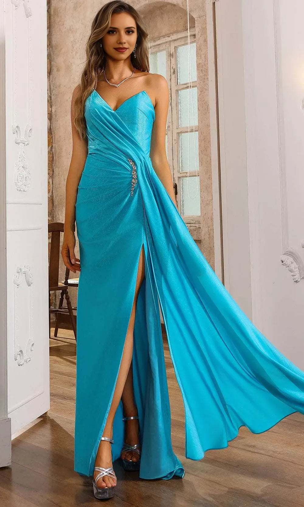 Glamorous Hot Pink Strapless Prom Dress with Draped Design Rhinestone Accent and High Side Slit for Evening Galas