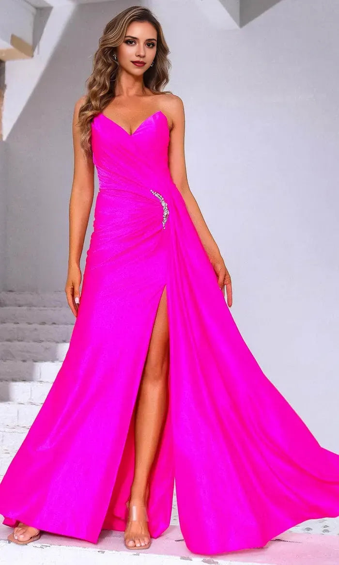 Glamorous Hot Pink Strapless Prom Dress with Draped Design Rhinestone Accent and High Side Slit for Evening Galas