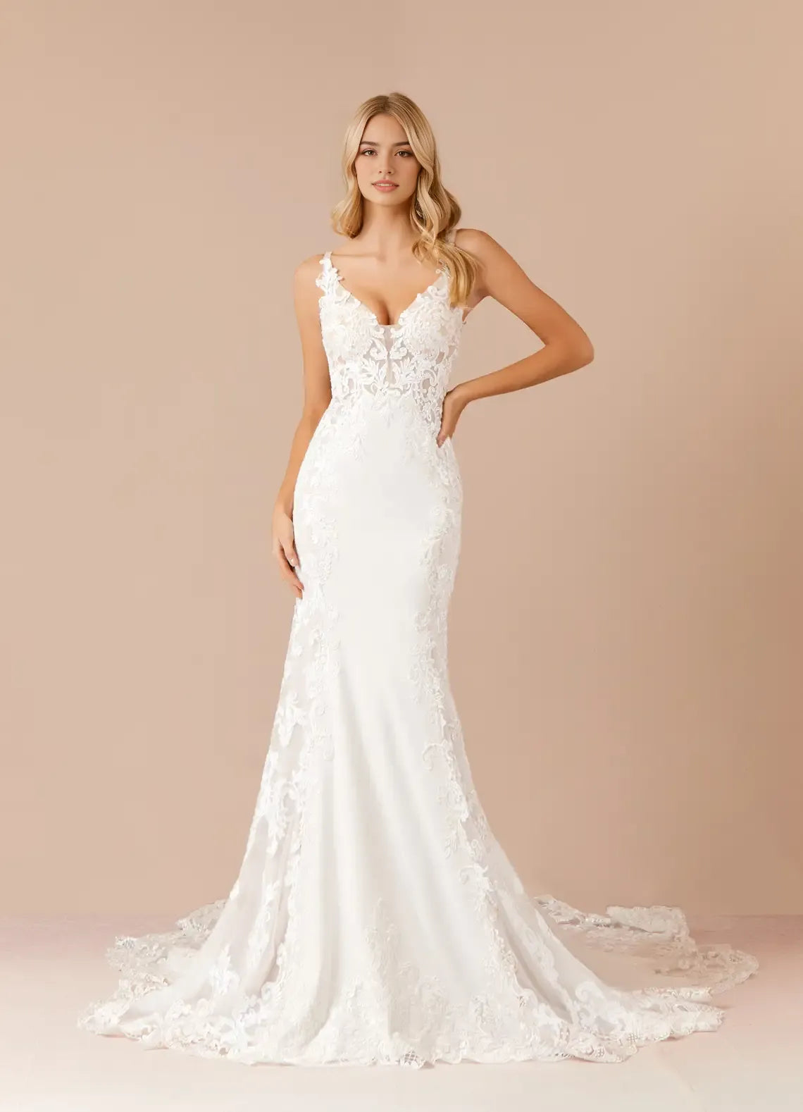 Glamorous Lace Mermaid Sequins Crepe Wedding Dresses Plunging V - Neck Figure  Hugging Sheer Design Intricate Lace Embroidery Mermaid Train for bride hot sale
