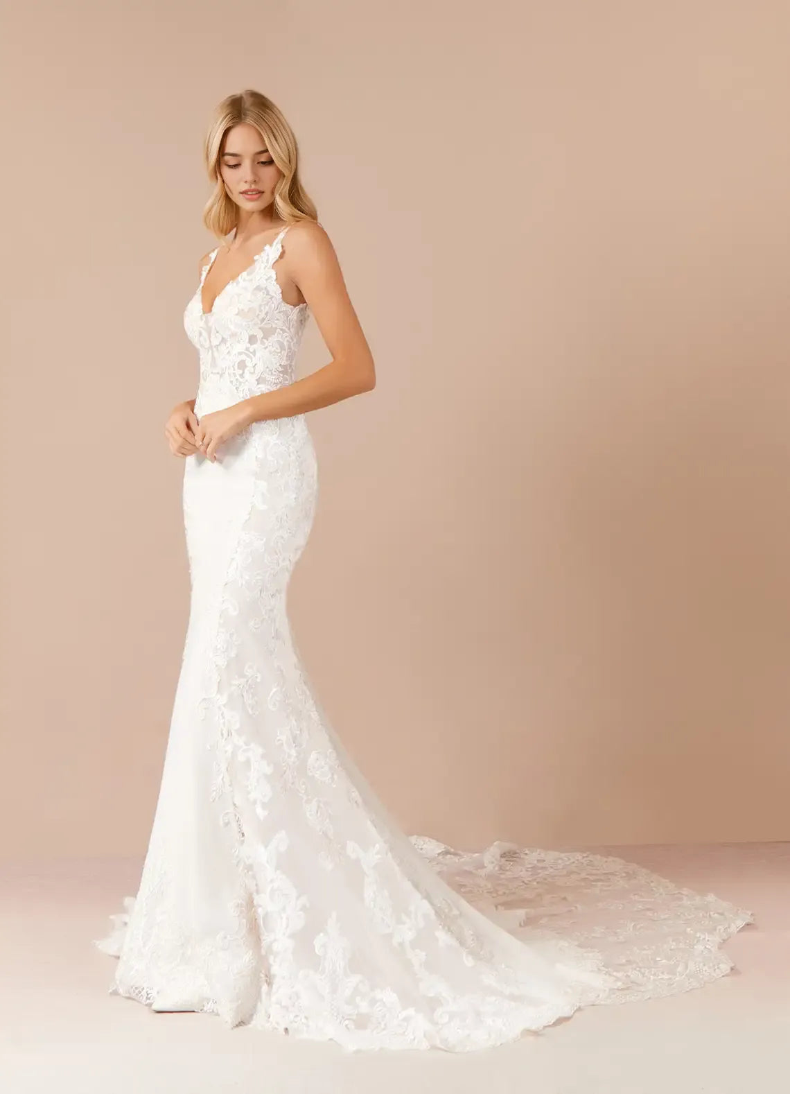 Glamorous Lace Mermaid Sequins Crepe Wedding Dresses Plunging V - Neck Figure  Hugging Sheer Design Intricate Lace Embroidery Mermaid Train for bride hot sale