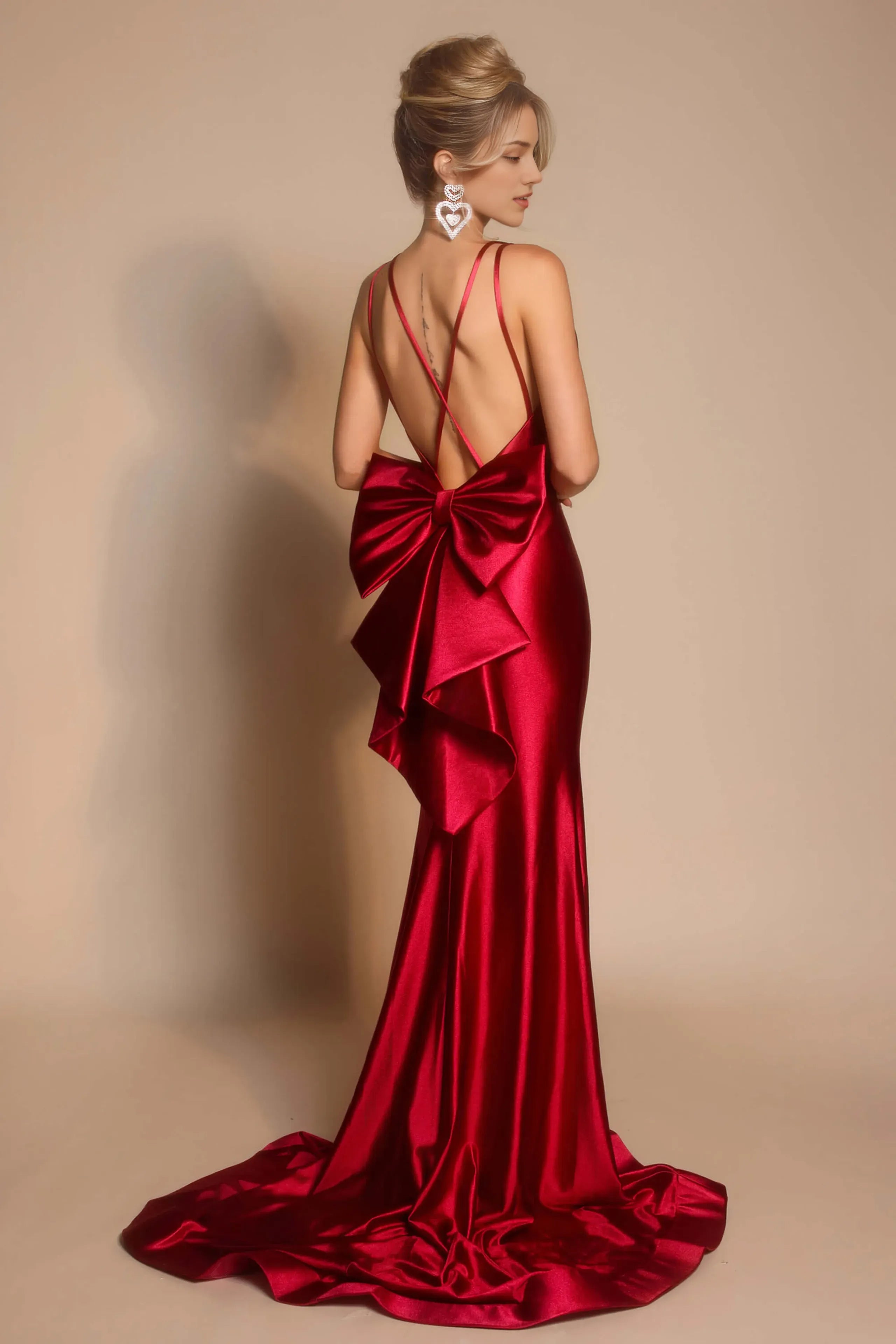 Glamorous Lavender Mermaid V-Neck Spaghetti Strap Bow-Back Floor-Length Satin Prom Dress