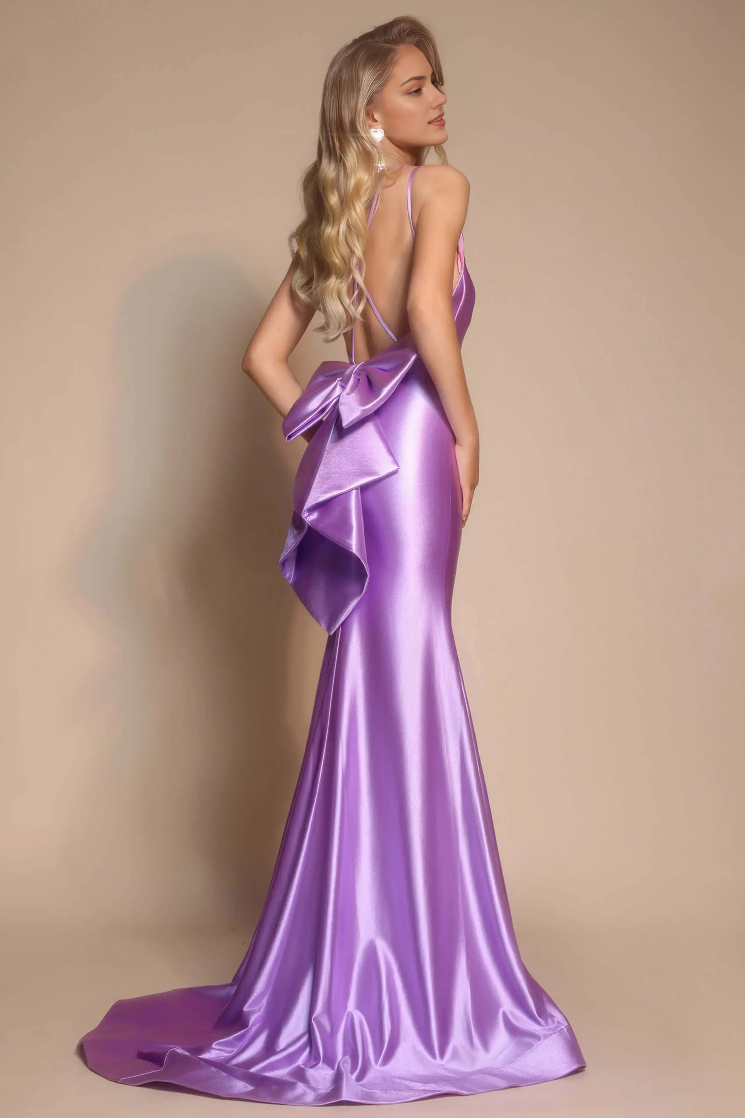 Glamorous Lavender Mermaid V-Neck Spaghetti Strap Bow-Back Floor-Length Satin Prom Dress