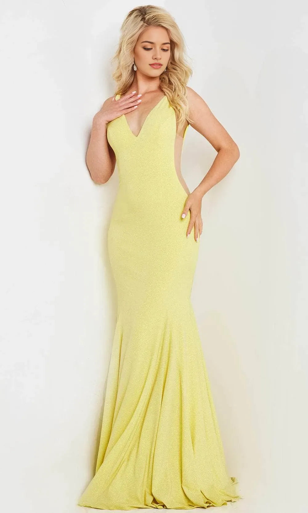 Glamorous Lemon Yellow Mermaid Prom Dress with Deep V - Neckline and Sheer Side Panels for Formal Evening Events