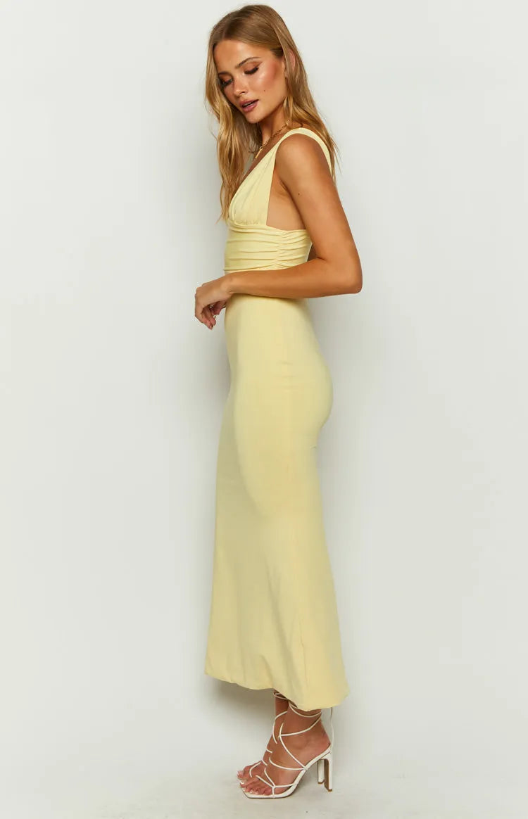 Glamorous Lemon Yellow Prom Dresses Plunge V - Neckline Ruched Bodice Body - Hugging Fit for Memorable Evenings