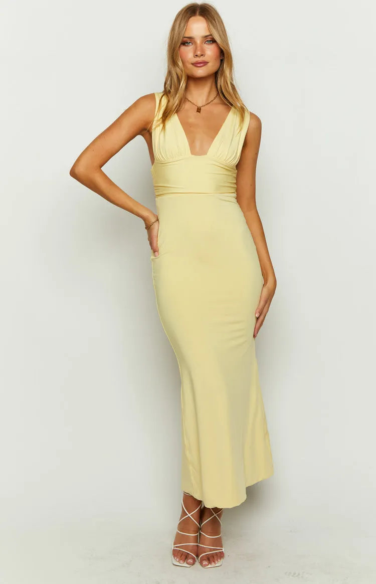 Glamorous Lemon Yellow Prom Dresses Plunge V - Neckline Ruched Bodice Body - Hugging Fit for Memorable Evenings