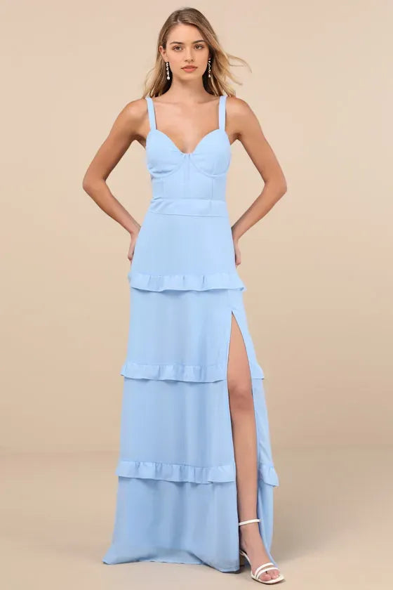 Glamorous Light Blue Prom Dresses featuring Spaghetti Straps Sweetheart Neckline Tiered Ruffle Skirt and High - Slit Design  Perfect for Prom Nights